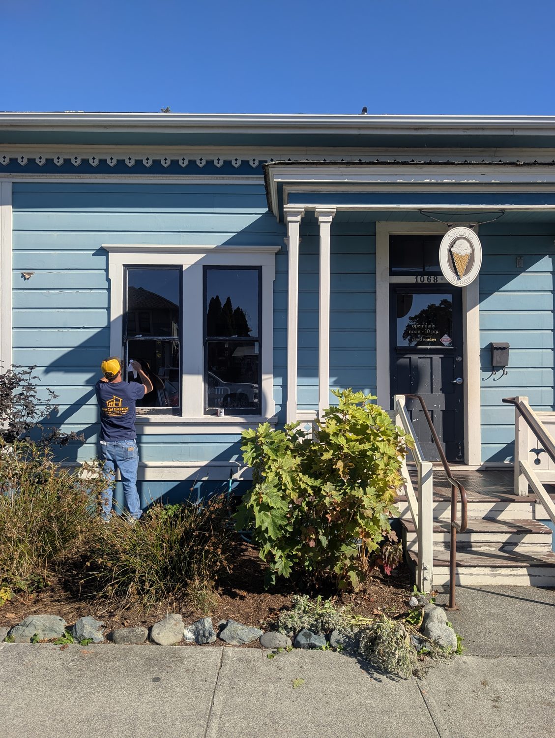 NorCal Exterior crew working on the Arcata Scoop ice cream shop, a recognizable Arcata Plaza-area Victorian storefront